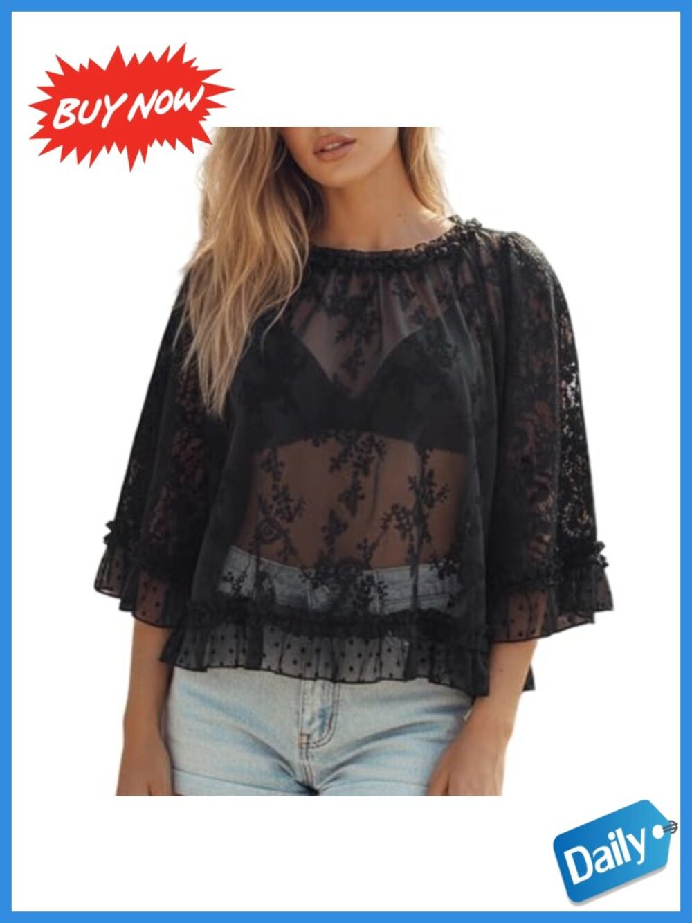 Sheer Lace Ruffle Blouse with 3/4 Sleeves Crew Neck Flowy